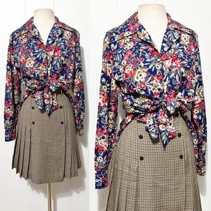 SOLD | 70’s Navy & Pink Long Sleeve Button Front Top ft. Large Floral Print
